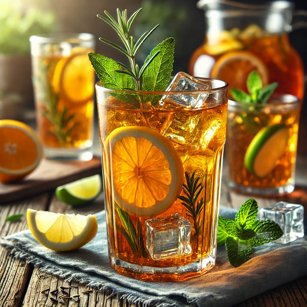 Verfrissende kruidenijsthee met citrus, geserveerd in een hoog glas op een rustieke houten tafel, gegarneerd met munt, rozemarijn en schijfjes citroen, limoen en sinaasappel.