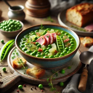 Een realistische foto van Vlaamse erwtensoep, geserveerd in een keramieken kom op een doorleefde houten tafel. De dikke, groene soep is langzaam gekookt met erwten, ham, prei, selderij en uien voor een stevige, rustieke textuur. Malse stukjes ham drijven op de oppervlakte, terwijl een snufje verse kruiden en knapperige croutons de presentatie afmaken. Een snee rustiek brood ligt ernaast, klaar om te dippen. Op de achtergrond ligt een houten snijplank met extra ham, erwten en een soeplepel, subtiel vervaagd.