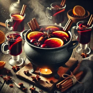 Warme Glühwein in een grote pan op een rustieke houten tafel, gegarneerd met sinaasappelschijfjes, kaneelstokjes en steranijs, omringd door glazen mokken voor een gezellig gezelschap.