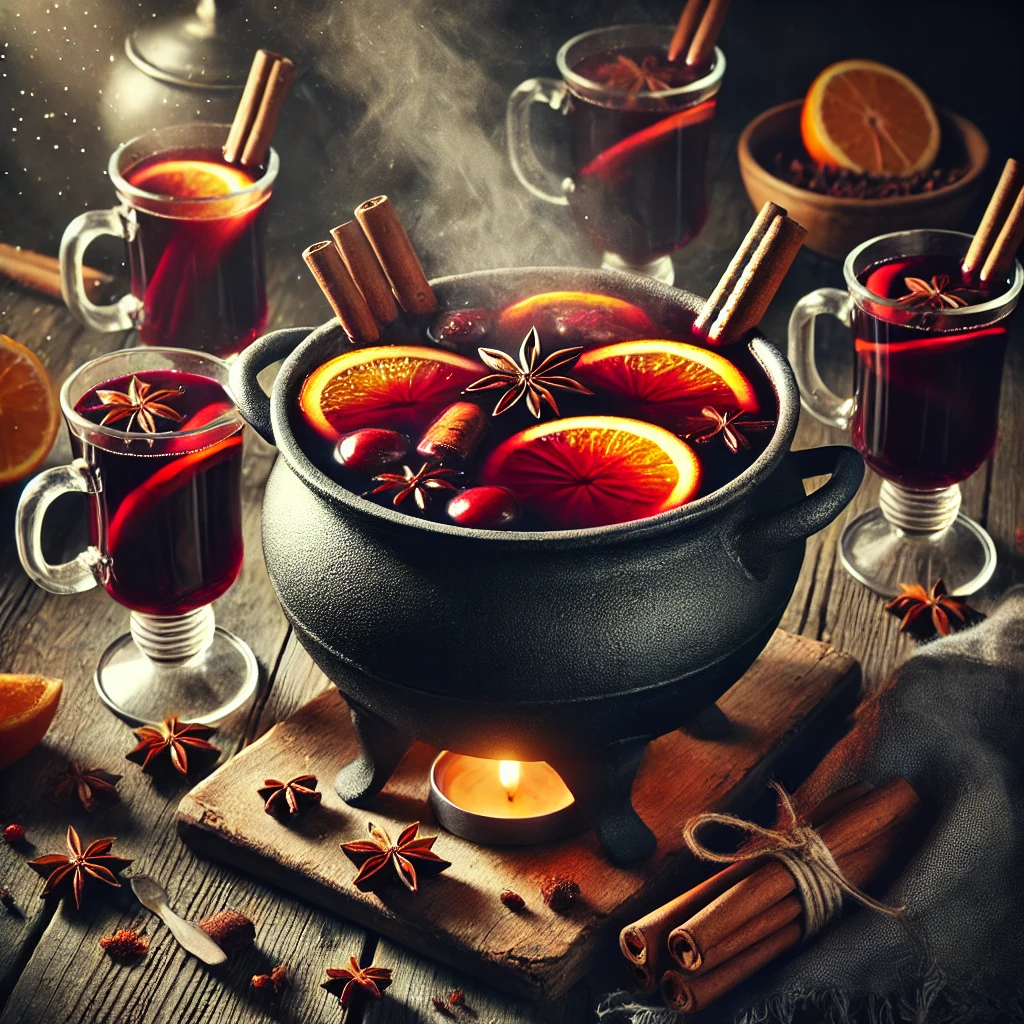 Warme Glühwein in een grote pan op een rustieke houten tafel, gegarneerd met sinaasappelschijfjes, kaneelstokjes en steranijs, omringd door glazen mokken voor een gezellig gezelschap.