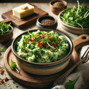 Een rustieke foto van waterkersstamppot, geserveerd in een keramieken kom op een doorleefde houten tafel. De smeuïge aardappelpuree is gemengd met fijngesneden verse waterkers, wat zorgt voor een levendige groene tint. Krokante spekjes of geroosterde noten geven een extra bite. Een drizzle gesmolten boter en een snufje versgemalen zwarte peper maken het gerecht compleet. Op de achtergrond ligt een houten snijplank met extra waterkers en een schaaltje boter, subtiel vervaagd. Zacht natuurlijk licht zorgt voor een warme en uitnodigende sfeer.