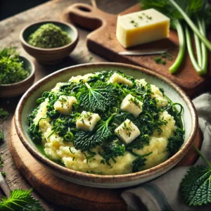 Een realistische foto van wilde stamppot met raapstelen, brandnetel en komijnekaas, geserveerd in een keramieken kom op een doorleefde houten tafel. De smeuïge aardappelpuree is gemengd met fijngesneden raapstelen en verse brandnetel, wat zorgt voor een levendige groene kleur. Kleine blokjes komijnekaas zijn door de stamppot gevouwen, wat een rijke, licht pittige smaak toevoegt. Een snufje verse kruiden maakt de presentatie compleet. Op de achtergrond ligt een houten snijplank met extra raapstelen, brandnetel en kaas, subtiel vervaagd. Zacht natuurlijk licht benadrukt de texturen en kleuren, wat zorgt voor een warme, huiselijke sfeer.