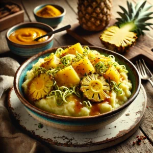 Een realistische foto van witlofstamppot met ananas en pittige kerriesaus, geserveerd in een keramieken kom op een doorleefde houten tafel. De smeuïge aardappelpuree is gemengd met fijngesneden witlof, wat zorgt voor een licht bittere, maar gebalanceerde smaak. Zoete ananasstukjes geven een frisse, sappige tegenhanger. Een rijke, goudgele kerriesaus wordt over het gerecht gedruppeld en verrijkt de stamppot met warme specerijen. Op de achtergrond ligt een houten snijplank met extra witlof, ananas en een schaaltje kerriesaus, subtiel vervaagd. Zacht natuurlijk licht benadrukt de texturen en kleuren, wat zorgt voor een warme, huiselijke sfeer.