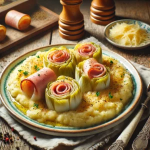 Witlofstamppot met hamrolletjes en kaas, geserveerd op een rustieke houten tafel, gegarneerd met versgemalen peper en peterselie.