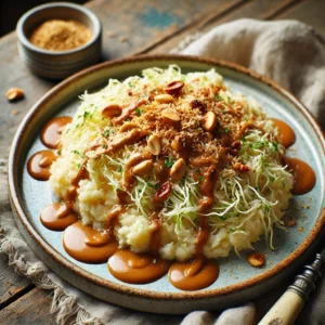 Witte koolstamppot met seroendeng en pindasaus, geserveerd op een rustieke houten tafel, gegarneerd met geroosterde kokos en pinda’s.