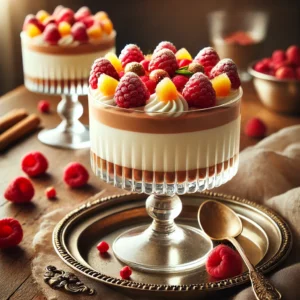Een elegant schaaltje witte chocolademousse, gegarneerd met glanzende frambozen, sinaasappelrasp en een takje munt, geserveerd op een witte porseleinen schotel met losse frambozen en een glas mousserende dessertwijn op de achtergrond.