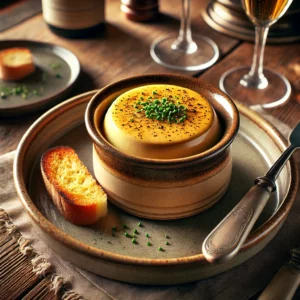 Elegante ganzenleverpuree royale, romig en goudgeel, geserveerd in een rustiek keramisch schaaltje. Gegarneerd met fijngehakte bieslook en zwarte peper, met een stukje geroosterde brioche ernaast, op een houten tafel met warme, natuurlijke belichting.