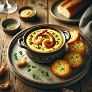 Zachte Schaaldieren Royale, een romige zeevruchtencustard met een subtiele gouden tint, geserveerd in een rustiek keramisch schaaltje. Gegarneerd met verse kruiden en een lichte schaaldierensaus, met knapperig briochebrood ernaast, sfeervol gepresenteerd op een houten tafel met natuurlijke belichting.