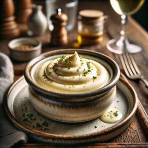 Zachte Vis Royale met een romige, fluweelzachte textuur, geserveerd in een rustiek keramisch schaaltje. Licht bestrooid met verse kruiden en zwarte peper, met een vleugje romige saus eroverheen, sfee
