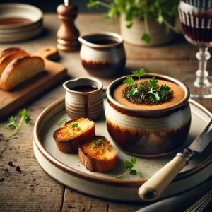 Zachte Wild Royale, een romige wildcustard met een diepe, aardse bruine kleur, geserveerd in een rustiek keramisch schaaltje. Gegarneerd met verse kruiden en een druppel wildjus, met knapperig briochebrood ernaast, sfeervol gepresenteerd op een houten tafel met natuurlijke belichting.