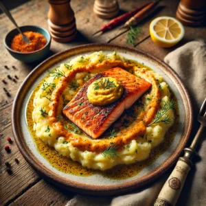 Een prachtig gepresenteerd bord met zalm-venkelstamppot en rouille op een rustieke houten tafel, met natuurlijke belichting en vintage bestek.