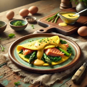 Een realistische foto van een zalmomelet met groene groenten en hollandaisesaus, geserveerd op een keramieken bord op een doorleefde houten tafel. De goudgele omelet is gevuld met malse stukjes roze zalm en gebakken groene groenten zoals spinazie en asperges. Een drizzle van romige hollandaisesaus geeft extra smaak, terwijl fijngehakte bieslook voor een frisse finishing touch zorgt. Op de achtergrond ligt een houten snijplank met extra zalm, groenten en een schaaltje hollandaisesaus, subtiel vervaagd. Zacht natuurlijk licht benadrukt de texturen en kleuren, wat zorgt voor een verfijnde, gastronomische uitstraling.