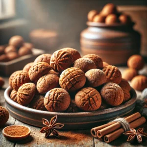 Zelfgemaakte kruidnootjes met speculaaskruiden, goudbruin gebakken en licht bestoven met kaneel en poedersuiker, geserveerd in een rustieke keramische kom op een houten tafel.