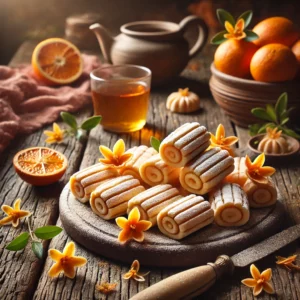 Een rustieke houten tafel met zelfgemaakte marsepein, subtiel doordrenkt met oranjebloesem. De marsepein is elegant gevormd en licht bestoven met poedersuiker, omringd door verse oranjebloesems en een kopje thee op de achtergrond.