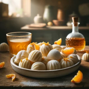 Zelfgemaakte marsepein met sinaasappellikeur, gevormd tot elegante stukjes, bestrooid met poedersuiker en sinaasappelrasp, geserveerd op een rustieke houten tafel met een glas sinaasappellikeur.