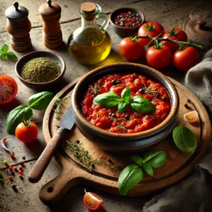 Een kom met zelfgemaakte pizzasaus van tomaten en kruiden, gegarneerd met verse basilicum en oregano, op een houten tafel met een lepel, olijfolie en verse kruiden eromheen.