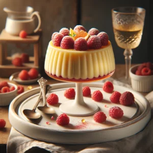Een romige kaaspudding, gegarneerd met glanzende frambozen en citroenzeste, geserveerd op een wit porseleinen bord, met een glas dessertwijn en een linnen servet op een rustieke houten tafel.