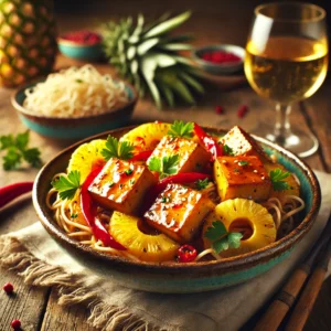 Zoet en pittige tofu met ananas en rode peper, goudbruin en knapperig, geserveerd in een rustiek keramisch schaaltje. Gegarneerd met verse peterselie en sesamzaadjes, sfeervol gepresenteerd op een houten tafel met natuurlijke belichting.