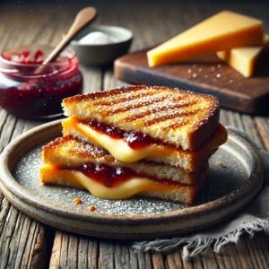 Een realistische foto van een zoete tosti met kaas en jam, geserveerd op een rustiek keramieken bord op een doorleefde houten tafel. Het goudbruine, krokante brood is perfect geroosterd, met smeuïge gesmolten kaas die langs de randen uitloopt. Een laag fruitige jam, licht uitvloeiend, zorgt voor een zoetzure tegenhanger. Een lichte bestuiving met poedersuiker maakt de presentatie compleet. Op de achtergrond ligt een houten snijplank met extra kaas en een potje jam, subtiel vervaagd. Zacht natuurlijk licht benadrukt de texturen en kleuren, wat zorgt voor een warme, huiselijke sfeer.
