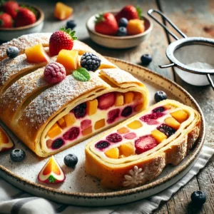 Goudbruine zomerfruitstrudel gevuld met roomkaas en kleurrijke bessen, bestrooid met poedersuiker en geserveerd op een wit bord, op een rustieke houten tafel met verse bessen en een zeefje met poedersuiker ernaast in zacht natuurlijk licht.