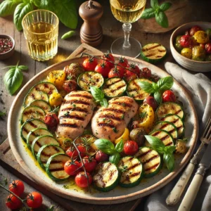 Een bord met gegrilde kip-courgettespiezen, gepofte aardappel en gebakken witte bonen met tomaten, gegarneerd met verse basilicum, op een houten tafel met een glas witte wijn en een linnen servet.