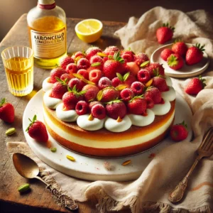 Een zomerse aardbeien limoncello tiramisu taart met een romige mascarponelaag, rijkelijk gegarneerd met glanzende aardbeien, geserveerd op een witte taartschotel op een rustieke houten tafel.