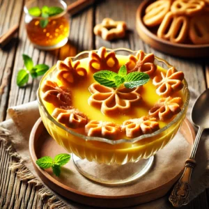 Een rustieke houten tafel met een prachtig gepresenteerd zonnig gele custarddessert genaamd 'Zonovergoten Lettervla'. Het wordt geserveerd in een elegante glazen kom, versierd met een karamel drizzle en krokante lettervormige deegstukjes, gegarneerd met verse munt en een lichte bestuiving van poedersuiker.