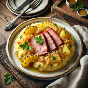 Zuurkoolstamppot met ananas en casselerrib, geserveerd op een rustieke houten tafel, gegarneerd met verse peterselie en een drizzle mosterdsaus.