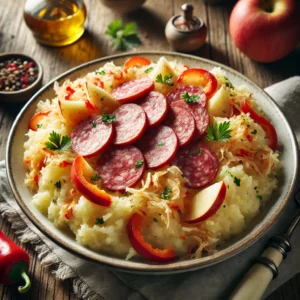 Zuurkoolstamppot met salami, paprika en appel, geserveerd op een rustieke houten tafel, gegarneerd met verse peterselie en een drizzle olijfolie.
