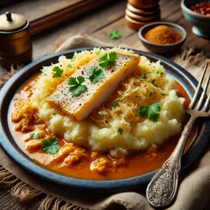 Zuurkoolstamppot met viscurry, geserveerd op een rustieke houten tafel, gegarneerd met verse koriander en chilivlokken.