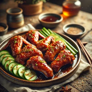 Gegrilde kippenvleugels met honing en gember, goudbruin gekarameliseerd en geserveerd met schijfjes komkommer en sesamzaadjes op een rustieke houten tafel.
