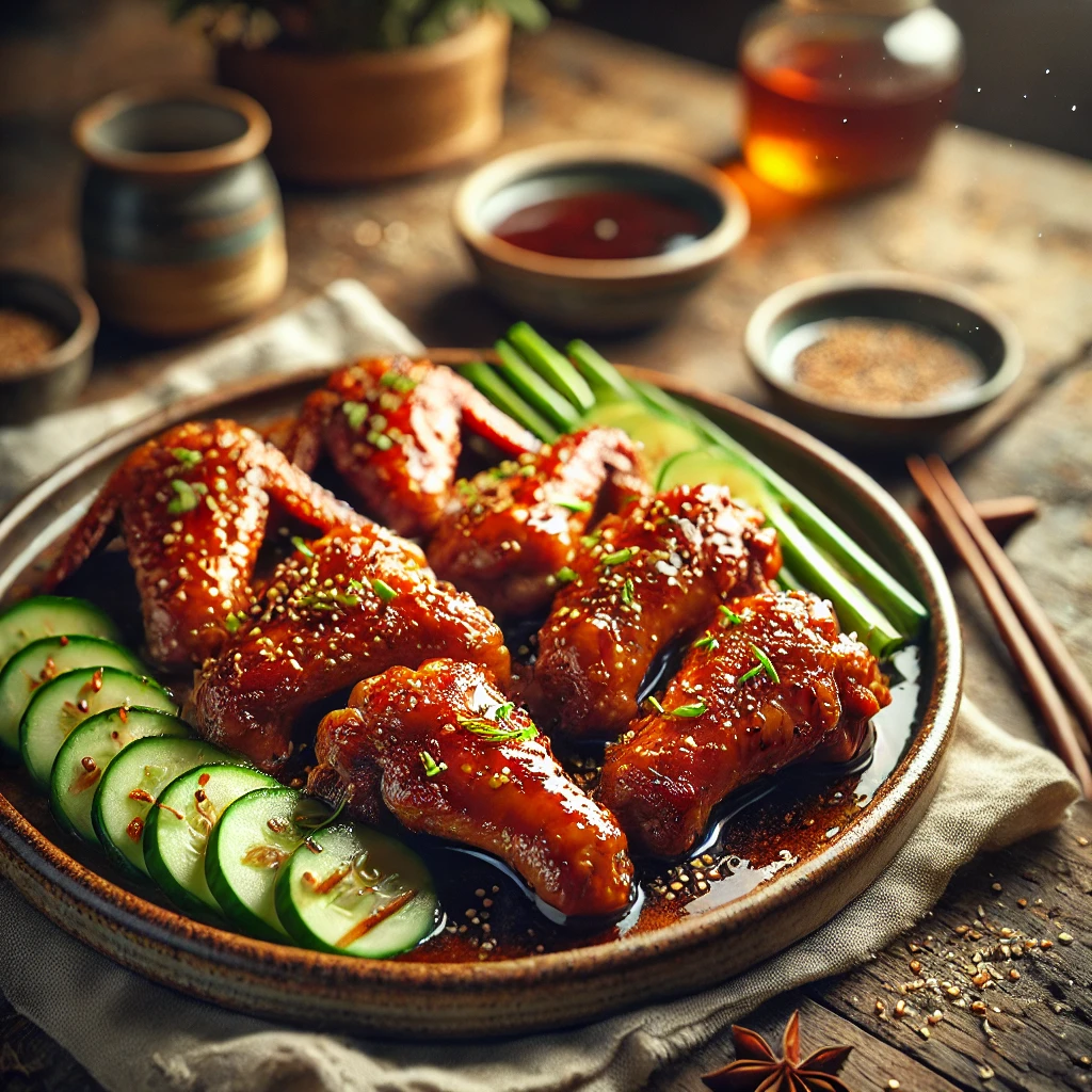 Gegrilde kippenvleugels met honing en gember, goudbruin gekarameliseerd en geserveerd met schijfjes komkommer en sesamzaadjes op een rustieke houten tafel.