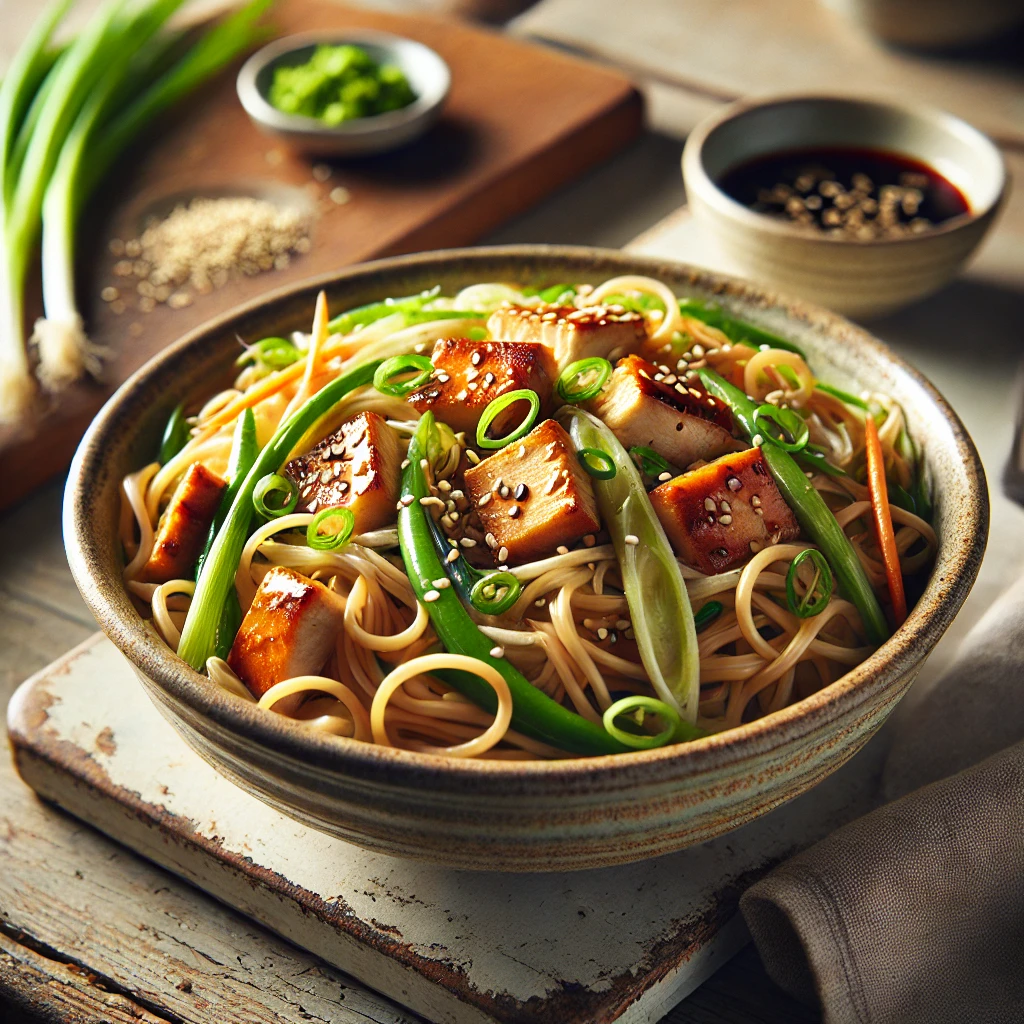 Een realistische foto van Japanse noedelsalade met teriyaki Quorn en lente-ui, geserveerd in een keramieken kom op een doorleefde houten tafel. De salade bevat dunne, glanzende noedels gemengd met een lichte sojasausdressing en knapperige groenten. Goudbruine, teriyaki-geglazuurde Quorn-plakjes zorgen voor een hartige umami-smaak, terwijl fijngesneden lente-ui een frisse, milde scherpte toevoegt. Een snufje sesamzaad en enkele takjes koriander maken de presentatie compleet. Op de achtergrond ligt een houten snijplank met extra Quorn, een schaaltje teriyakisaus en verse groenten, subtiel vervaagd. Zacht natuurlijk licht benadrukt de texturen en kleuren, wat zorgt voor een frisse en uitnodigende uitstraling.