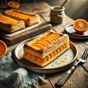 Een rustieke foto van een klassieke Nederlandse oranje tompouce, geserveerd op een keramieken bord op een doorleefde houten tafel. De tompouce bestaat uit knapperige bladerdeeglagen, gevuld met romige vanillevulling en afgewerkt met een glanzend oranje glazuur. Ernaast ligt een vork, met een paar kruimels verspreid voor een natuurlijke uitstraling. Op de achtergrond ligt een houten snijplank met extra tompouces, subtiel vervaagd. Zacht natuurlijk licht zorgt voor een warme en feestelijke sfeer.