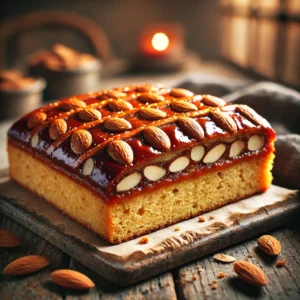 Gevulde speculaas met een goudbruine korst, gevuld met amandelspijs en gegarneerd met amandelen, geserveerd op een rustieke houten tafel.