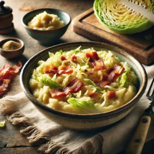 Een rustieke foto van stamppot van Chinese kool, geserveerd in een keramieken kom op een doorleefde houten tafel. De smeuïge aardappelpuree is gemengd met fijngesneden Chinese kool, wat zorgt voor een lichte maar voedzame textuur. Knapperige spekreepjes en zacht gebakken ui zijn door de stamppot geroerd voor extra smaak. Een vleugje nasikruiden geeft het gerecht een subtiel exotisch tintje. Op de achtergrond ligt een houten snijplank met extra koolreepjes en spek, subtiel vervaagd. Zacht natuurlijk licht zorgt voor een warme en uitnodigende sfeer.
