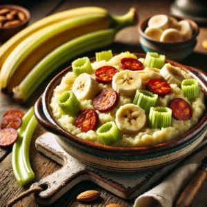 Een rustieke foto van stamppot van bleekselderij en banaan, geserveerd in een keramieken kom op een doorleefde houten tafel. De smeuïge aardappelpuree is gemengd met fijngesneden bleekselderij, wat zorgt voor een frisse en licht knapperige textuur. Plakjes chorizo, gebakken ui en stukjes banaan zijn door de stamppot geroerd voor een unieke balans tussen hartig en zoet. Een snufje geroosterde amandelen voegt een krokante toets toe. Op de achtergrond ligt een houten snijplank met extra bleekselderij, chorizo en banaan, subtiel vervaagd. Zacht natuurlijk licht zorgt voor een warme en uitnodigende sfeer.