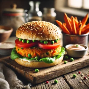 Knapperige aardappel-groentenburger met wortel, doperwten en kruiden, geserveerd op een sesambroodje met sla, tomaat en een romige saus.