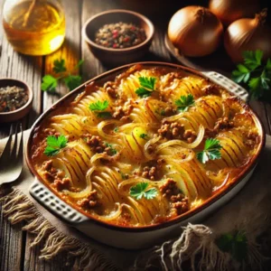 Ovenschotel met laagjes aardappel, gekruid gehakt en gekarameliseerde uien, goudbruin gebakken en afgewerkt met verse peterselie. Geserveerd in een keramische ovenschaal met opscheplepel, in een warme, huiselijke setting.