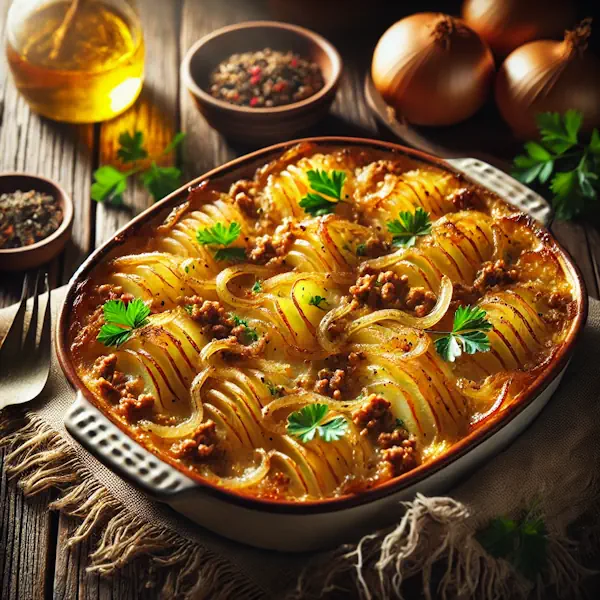 Ovenschotel met laagjes aardappel, gekruid gehakt en gekarameliseerde uien, goudbruin gebakken en afgewerkt met verse peterselie. Geserveerd in een keramische ovenschaal met opscheplepel, in een warme, huiselijke setting.