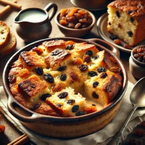 Goudbruine broodpudding met rozijnen in een rustieke ovenschaal, met een portie op een bord en jam erbij, op een houten tafel geserveerd.