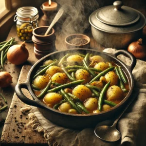 Traditioneel Brabants stoofgerecht met aardappel, sperziebonen en ui, geserveerd in een gietijzeren pot op een houten tafel met damp en rustieke uitstraling.