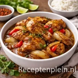 Een dampende braadpan met Ajam Bawang, bestaande uit goudbruine stukken kip in een rijke uien-ketjapsaus.