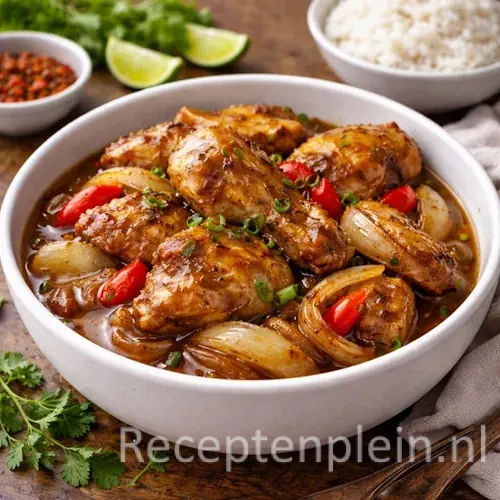 Een dampende braadpan met Ajam Bawang, bestaande uit goudbruine stukken kip in een rijke uien-ketjapsaus.
