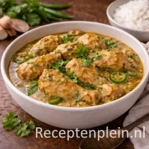 Malse stukken kip sudderend in een romige kokossaus met verse groene pepers voor het recept Kruidige Kip in Kokos-Tamarindesaus maken.
