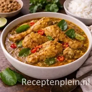 Malse stukken kip sudderend in een dikke goudgele kokossaus voor het recept Romige Kip in Kruidige Kokossaus maken.