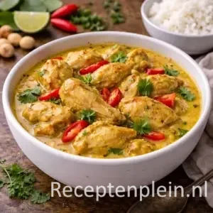 Een pan met goudgele Ajam Masak Kemirie, waarbij de kipstukjes sudderen in een rijke saus van kemirienoten en verse kruiden.