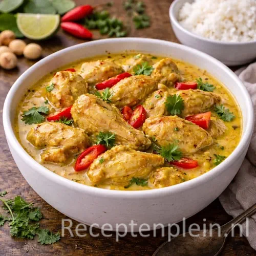 Een pan met goudgele Ajam Masak Kemirie, waarbij de kipstukjes sudderen in een rijke saus van kemirienoten en verse kruiden.