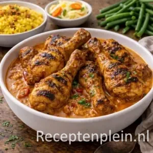 Goudbruin gegrilde drumsticks geserveerd op een bedje van rode Padangse saus voor het recept Ajam pangang boemboe Padang.