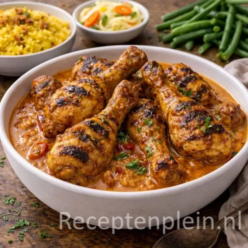 Goudbruin gegrilde drumsticks geserveerd op een bedje van rode Padangse saus voor het recept Ajam pangang boemboe Padang.